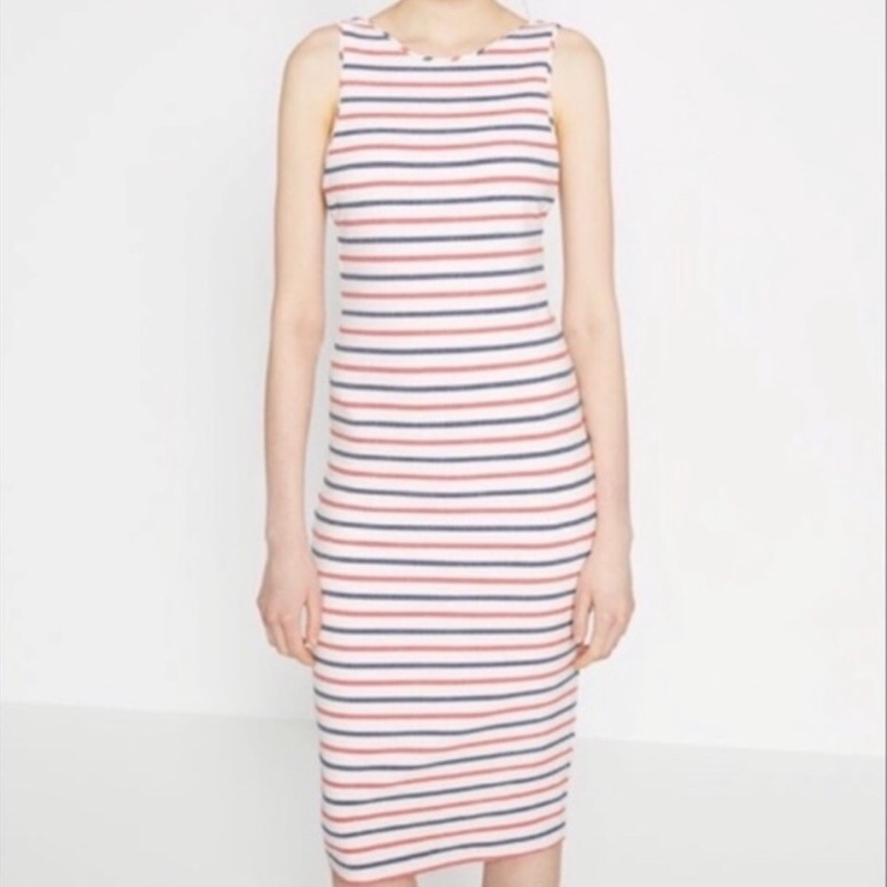Zara Trafaluc Collection XS Red White Blue Striped Low Back Bodycon Midi Dress